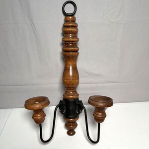 Vintage Homco Brown Wood Black Metal Double Candle Wall Sconce Decor 17"